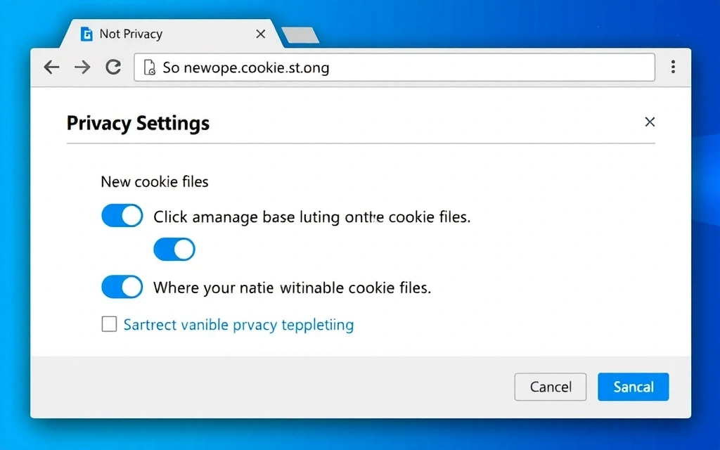Interaktywny panel ustawień prywatności w przeglądarce internetowej, pokazujący opcje zarządzania plikami cookie, suwaki do włączania/wyłączania i pola wyboru. Tło w delikatnych odcieniach niebieskiego i zieleni.