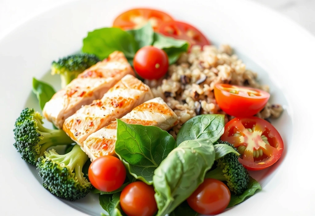 Kolorowy i zdrowy posiłek pełen warzyw, owoców i białka, symbolizujący zbilansowaną dietę