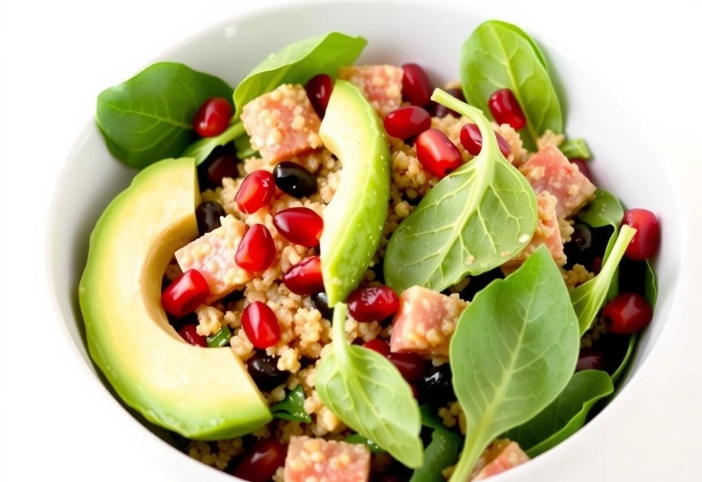 Zdjęcie sałatki z komosą ryżową, awokado, granatem i szpinakiem