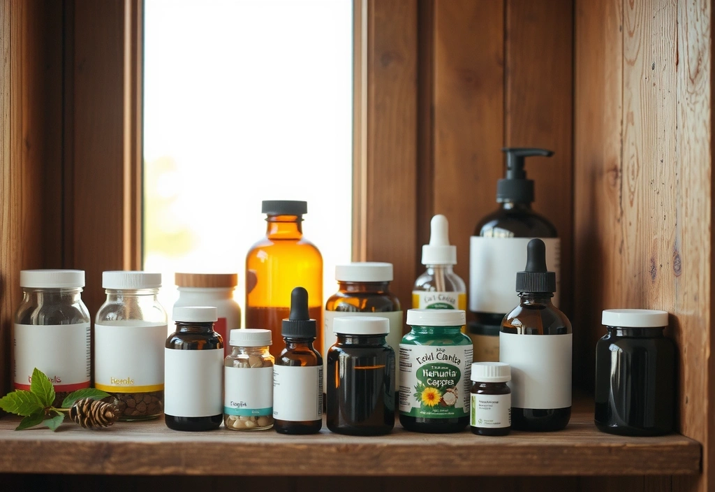 Różnorodne naturalne suplementy i zioła w szklanych słoikach, symbolizujące wsparcie odporności.